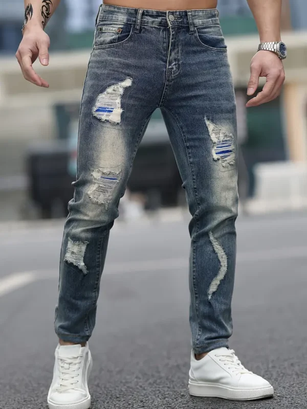 Jean déchiré en mélange de coton pour homme, style urbain rétro, coupe slim – Image 5