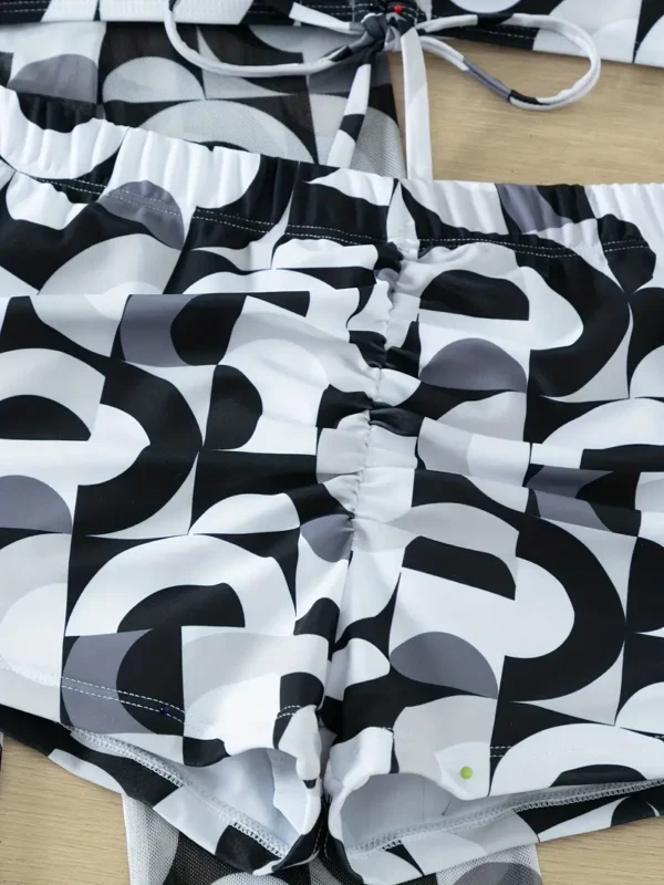 Ensemble de bikini 3 pièces à imprimé géométrique, bas de maillot de bain à col en V avec chemise de protection, maillot de bain à manches longues, maillots de bain et vêtements pour femmes – Image 5