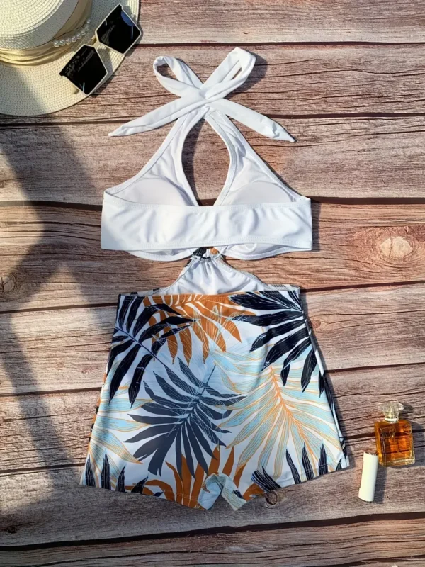 Maillot de bain une pièce imprimé feuilles, maillot de bain de plage à col en V avec anneaux, maillots de bain et vêtements pour femmes – Image 5