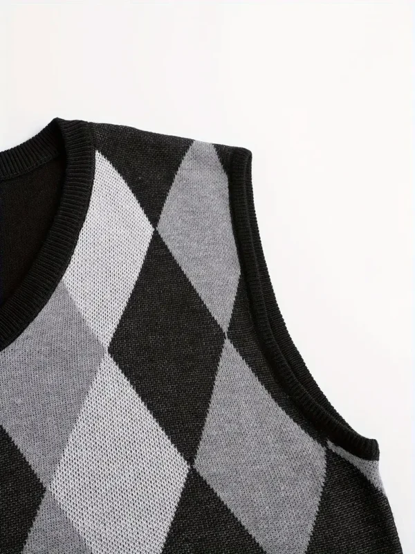Pull sans manches en tricot à imprimé graphique Argyle pour homme, gilet décontracté à col en V pour activités de plein air – Image 5