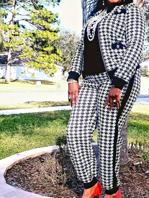 Ensemble pantalon décontracté à motif pied-de-poule, veste à manches longues zippée et pantalon ample à bordure contrastée à boutons, vêtements pour femmes – Image 6