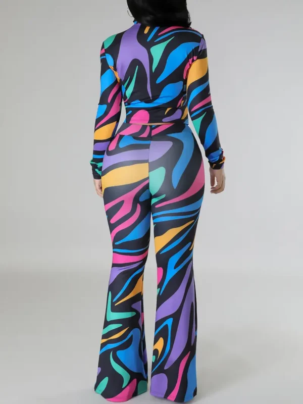 Ensemble pantalon décontracté à imprimé intégral, vêtements d'extérieur à manches longues et à taille haute avec pantalon évasé, vêtements pour femmes – Image 6