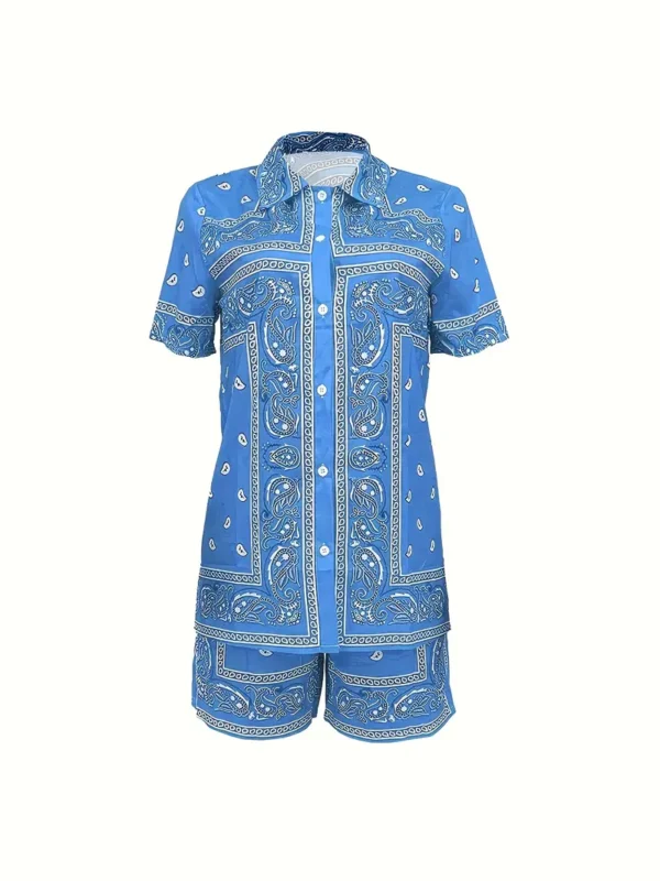 Ensemble deux pièces à imprimé cachemire, chemisier à manches courtes et short décontracté, vêtements pour femmes – Image 6