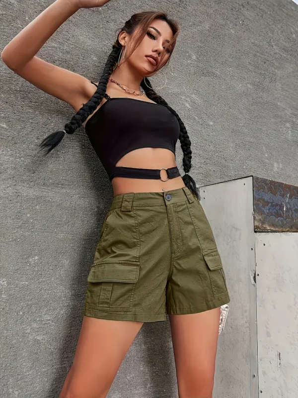 Short à poches inclinées de couleur unie, short taille haute décontracté pour le printemps et l'été, vêtements pour femmes – Image 6