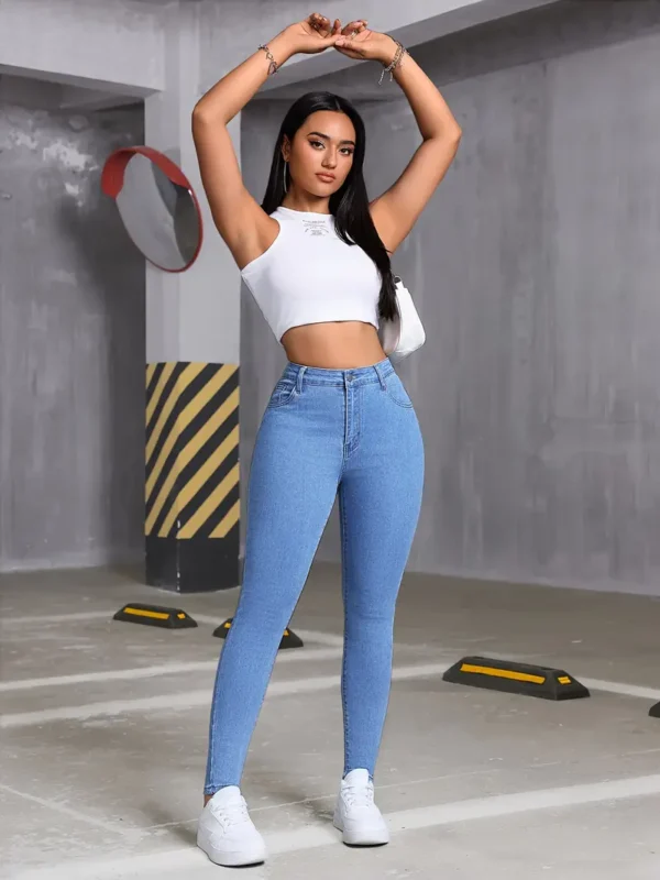 Jean taille haute en denim extensible pour femme avec coton, polyester et élasthanne, style élégant – Image 6