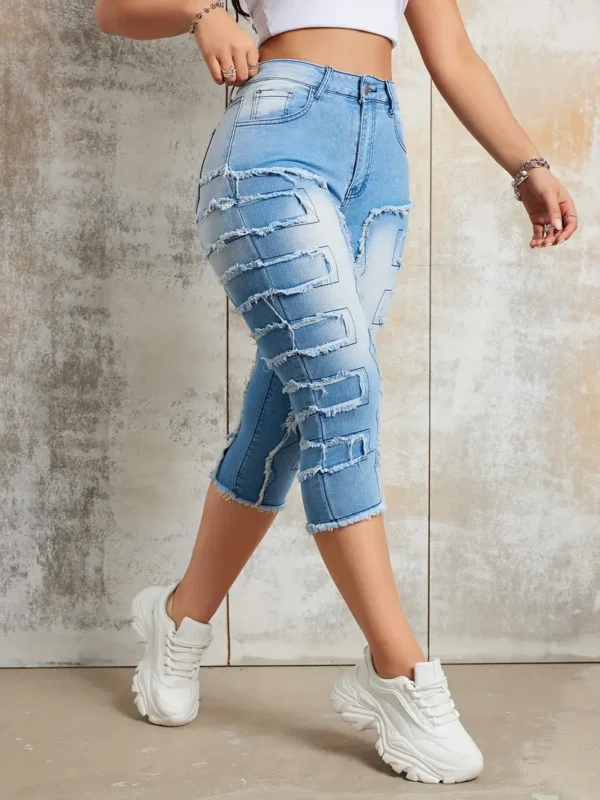 Jean Capri à coutures brutes, pantalon en denim Capri extensible à poches fendues, jeans et vêtements en denim pour femmes – Image 6