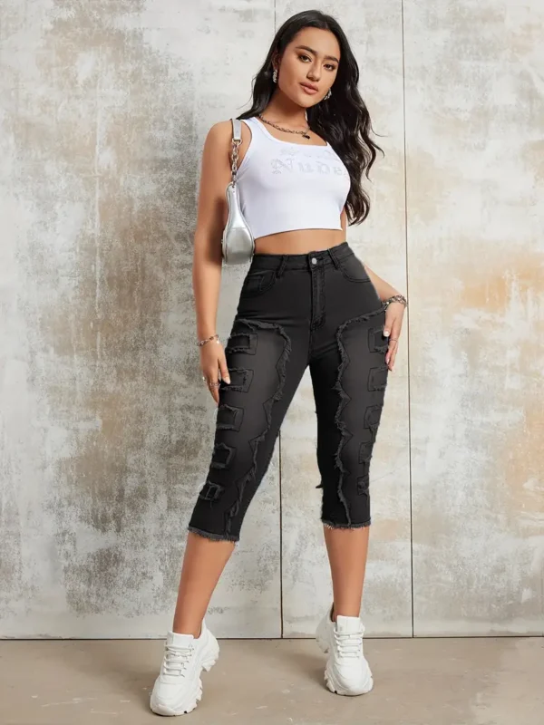Jean Capri à coutures brutes, pantalon en denim Capri extensible à poches fendues, jeans et vêtements en denim pour femme – Image 6