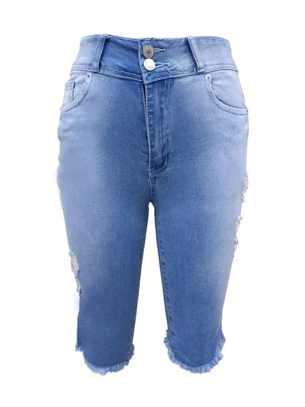 Short en jean à ourlet brut déchiré et double boutonnage, short en jean bleu délavé vieilli, jeans et vêtements en jean pour femme – Image 6