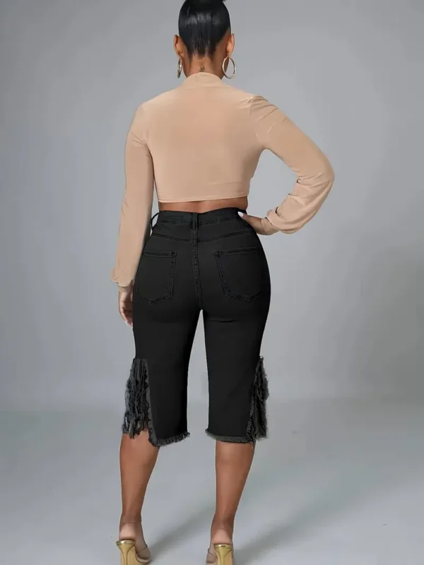 Short mi-long en jean à ourlet brut et à franges pour femme, style décontracté – Image 6