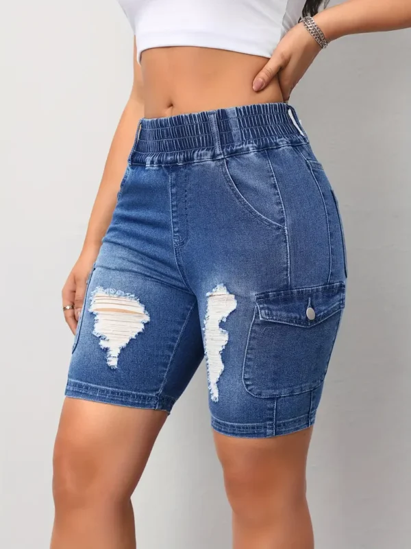 Short cargo décontracté en jean à taille élastique pour femme, bermuda en jean déchiré avec poches à rabat pour la mode estivale – Image 6
