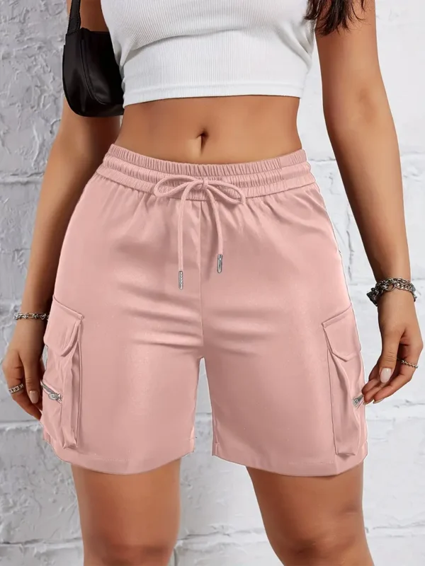 hort cargo à cordon de serrage avec poche à rabat solide, short ample taille haute élastique décontracté, vêtements pour femmes – Image 6