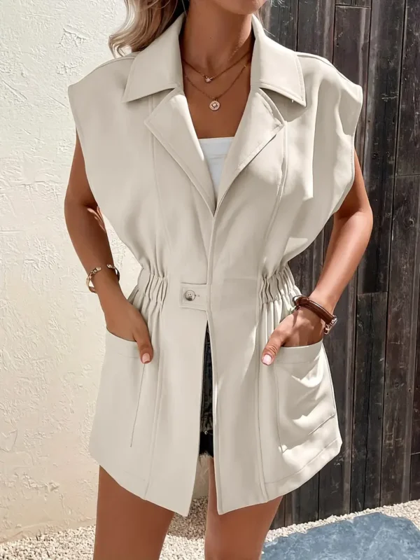 Veste à poches plaquées à taille cintrée, veste élégante à col à revers boutonné et manches courtes pour le printemps et l'été, vêtements pour femmes – Image 6