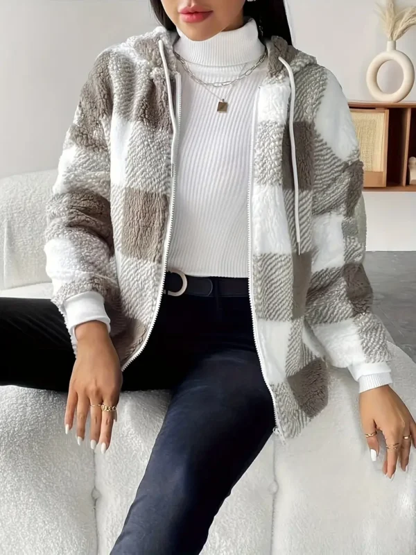 Manteau à capuche en peluche à imprimé écossais avec cordon de serrage, vêtements d'hiver polyvalents à manches longues – Image 6