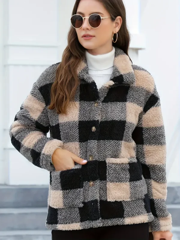Manteau en peluche à poches plaquées à imprimé écossais, vêtements d'extérieur polyvalents à manches longues et à boutonnage simple pour l'hiver, vêtements pour femmes – Image 6