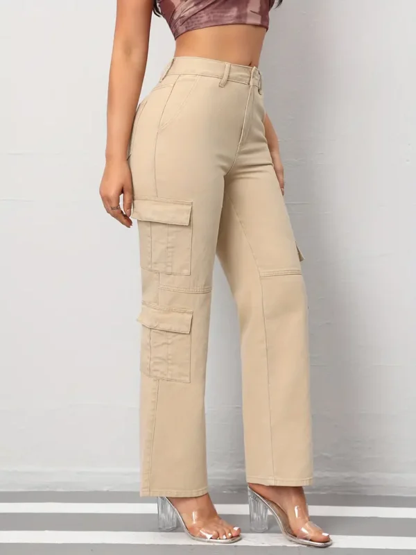 Pantalon cargo décontracté en denim pour femme avec poches, jean droit beige à longueur totale pour un usage quotidien – Image 6