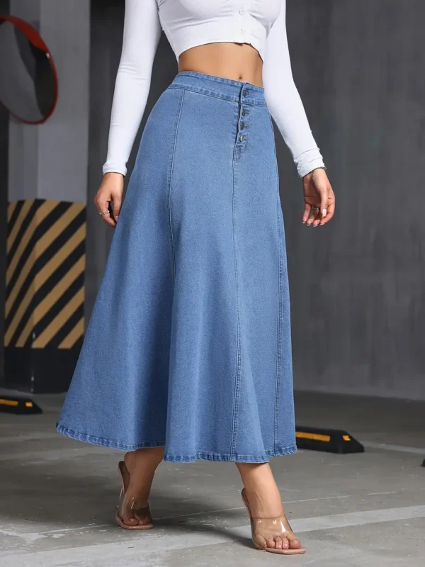 Jupe longue en jean extensible confortable à simple boutonnage bleu délavé, jeans et vêtements en jean pour femmes – Image 6