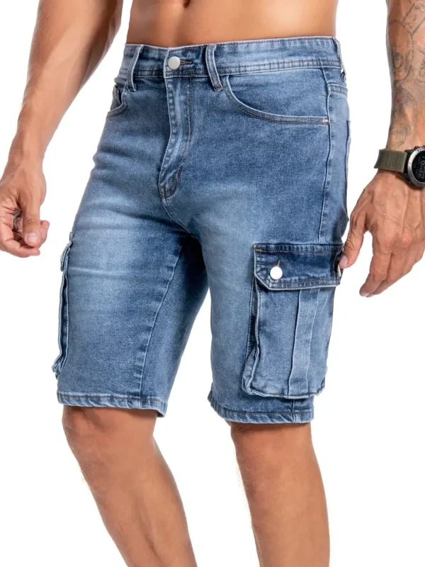 Short en jean à poche rabattable, short en jean décontracté extensible moyen pour homme, style urbain, effet usé, pour l'été – Image 6