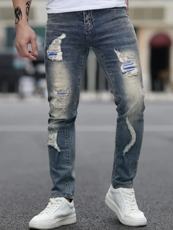 Jean déchiré en mélange de coton pour homme, style urbain rétro, coupe slim – Image 6