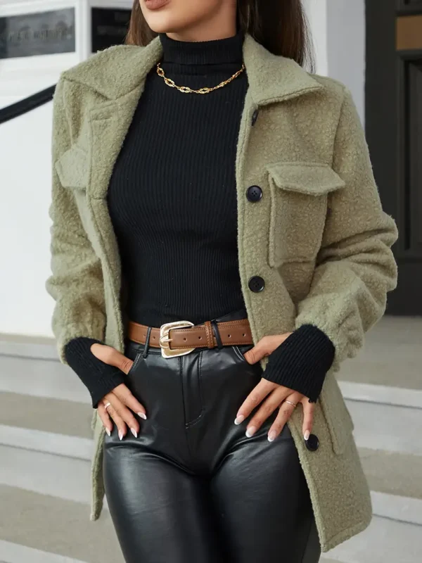 Manteau à simple boutonnage avec poches à rabat, vêtement d'extérieur polyvalent à manches longues pour l'automne et l'hiver, vêtements pour femmes – Image 7