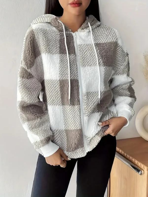 Manteau à capuche en peluche à imprimé écossais avec cordon de serrage, vêtements d'hiver polyvalents à manches longues – Image 7