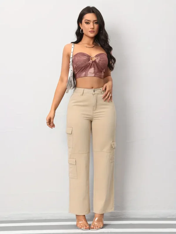 Pantalon cargo décontracté en denim pour femme avec poches, jean droit beige à longueur totale pour un usage quotidien – Image 7