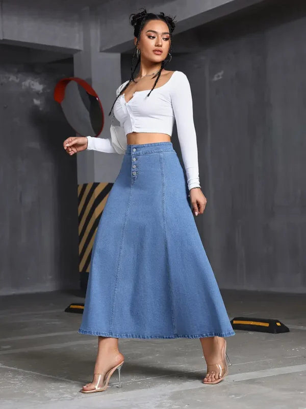 Jupe longue en jean extensible confortable à simple boutonnage bleu délavé, jeans et vêtements en jean pour femmes – Image 7