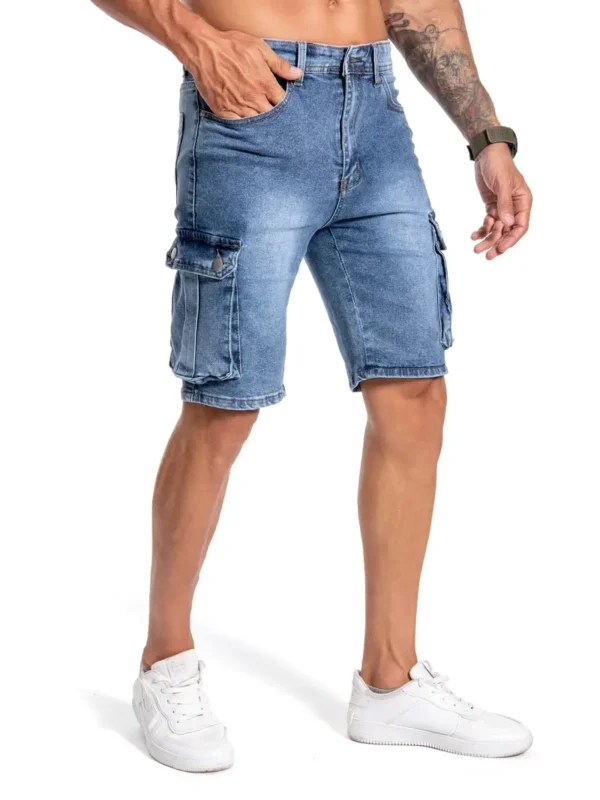 Short en jean à poche rabattable, short en jean décontracté extensible moyen pour homme, style urbain, effet usé, pour l'été – Image 7