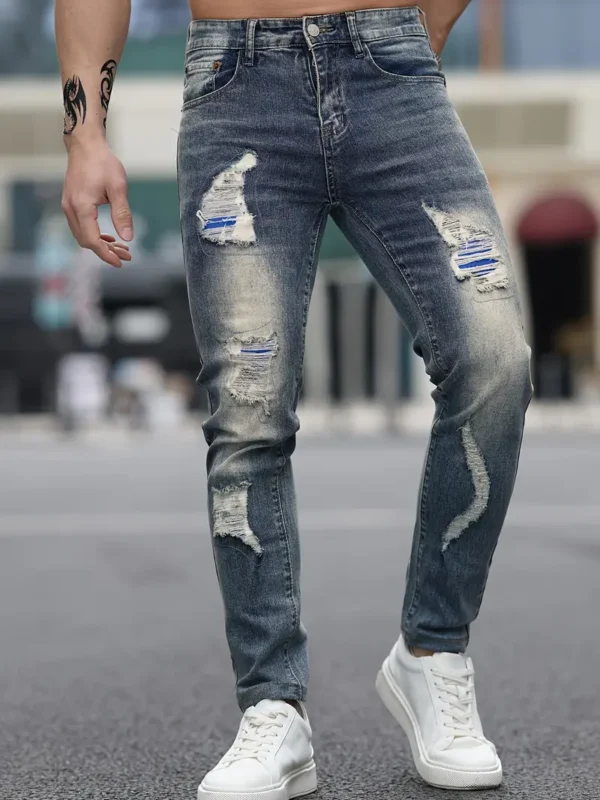 Jean déchiré en mélange de coton pour homme, style urbain rétro, coupe slim – Image 7
