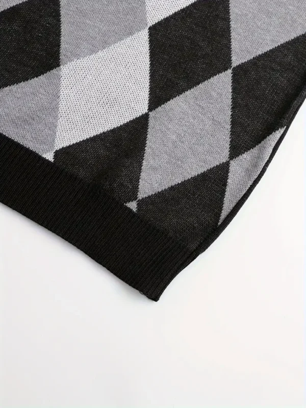 Pull sans manches en tricot à imprimé graphique Argyle pour homme, gilet décontracté à col en V pour activités de plein air – Image 7