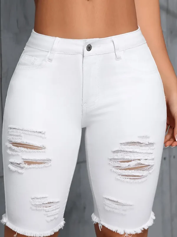 Short bermuda en denim déchiré blanc uni pour femme, coupe slim extensible, longueur mi-cuisse, ourlet effiloché, style streetwear – Image 7