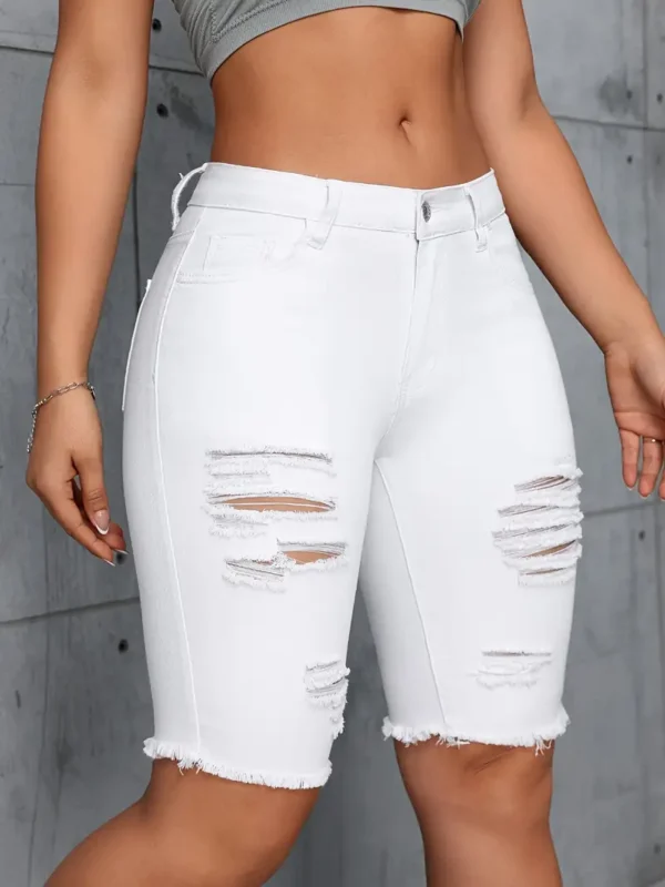 Short bermuda en denim déchiré blanc uni pour femme, coupe slim extensible, longueur mi-cuisse, ourlet effiloché, style streetwear – Image 8