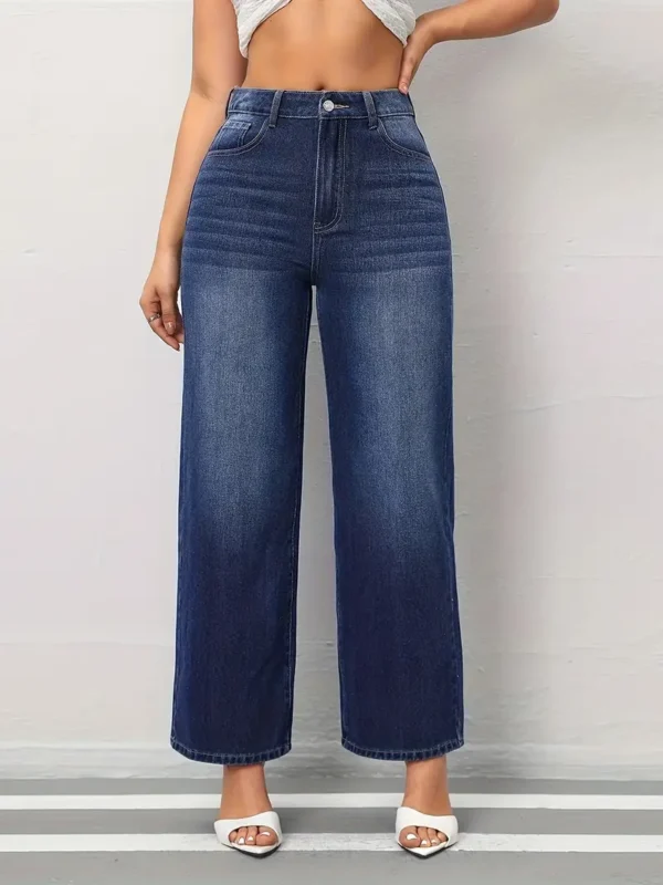 Jean large tendance pour femme, style décontracté, taille haute, bleu classique, polyvalent, streetwear, coupe confortable - Image 8