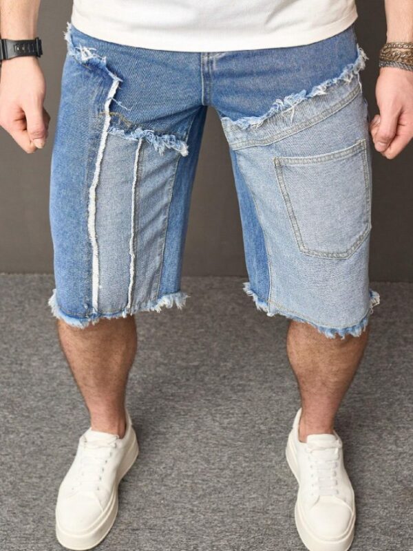 Short Bermuda décontracté en denim à ourlet effiloché et patchwork pour homme – Image 8