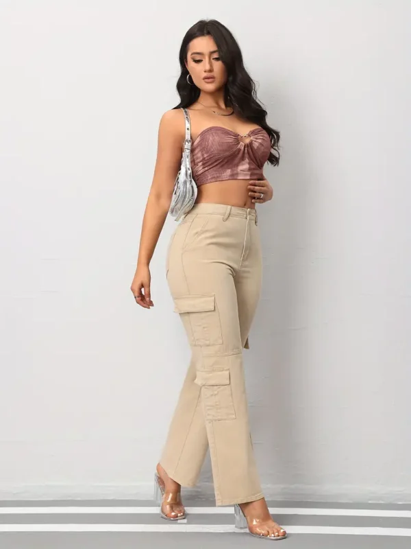 Pantalon cargo décontracté en denim pour femme avec poches, jean droit beige à longueur totale pour un usage quotidien – Image 8