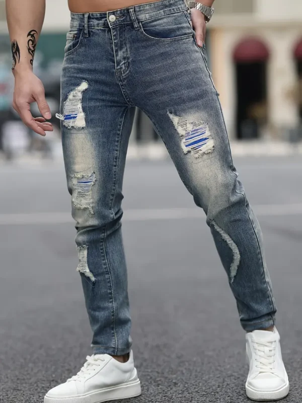 Jean déchiré en mélange de coton pour homme, style urbain rétro, coupe slim – Image 8