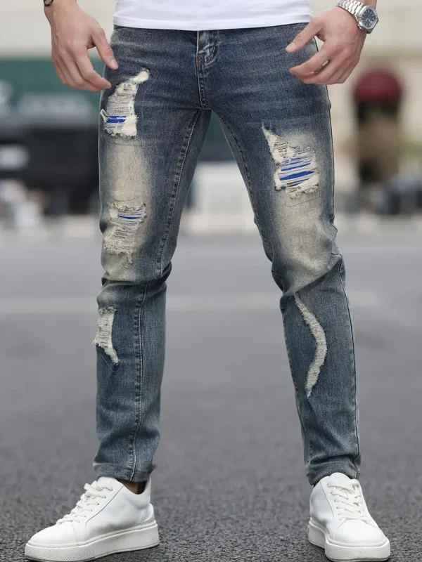 Jean déchiré en mélange de coton pour homme, style urbain rétro, coupe slim – Image 9