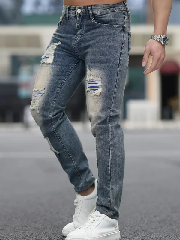 Jean déchiré en mélange de coton pour homme, style urbain rétro, coupe slim – Image 10