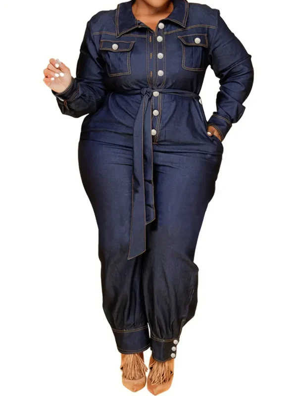 Combinaison en jean grande taille à manches longues avec ceinture, combinaison à col en V pour femmes avec poches