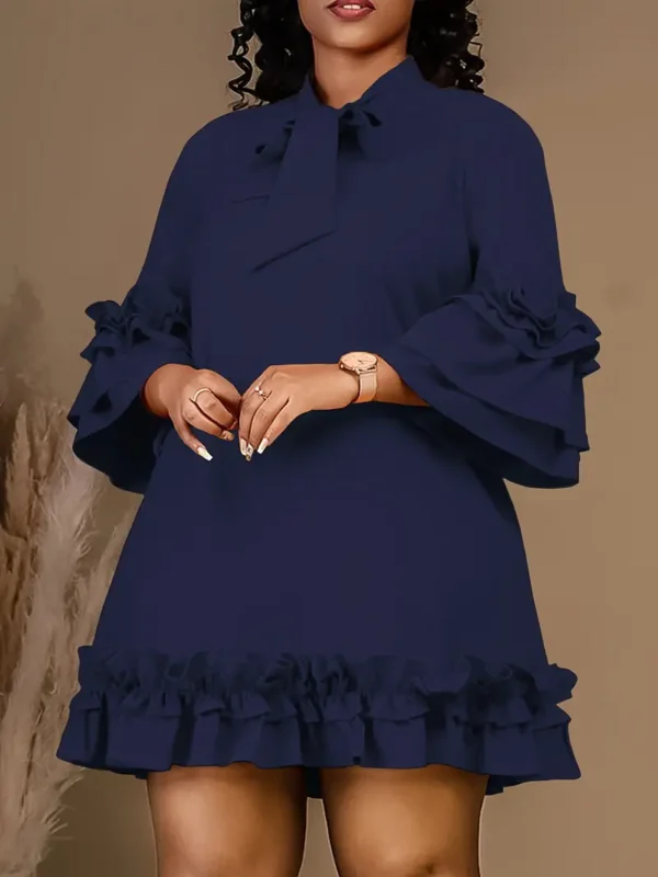 Robe décontractée à col noué Robe décontractée à col noué, grande taille, avec garniture à volants et ourlet en laitue à manches 3/4, vêtements grande taille pour femmes, mariage, remise de diplôme, fiançailles, cérémonie, fête, vacances, anniversaire septembre 11, 2024 Kotazando