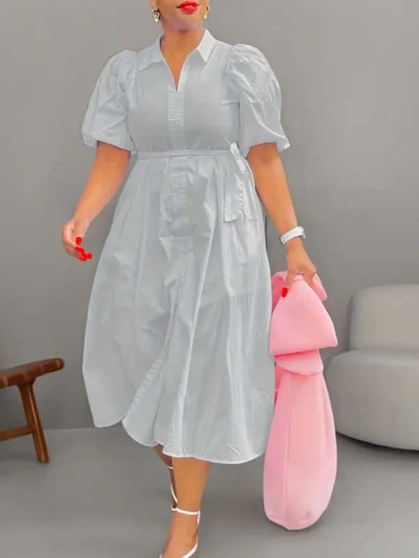 Robe décontractée grande taille, robe midi à manches bouffantes unies pour femmes avec col rabattu et ourlet fendu, avec ceinture