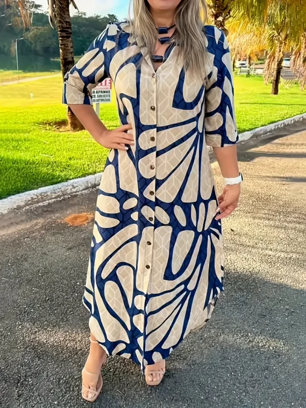 Robe chemise à imprimé intégral et boutons sur le devant, robe élégante à manches longues et coupe ample pour le printemps et l'automne, vêtements pour femmes