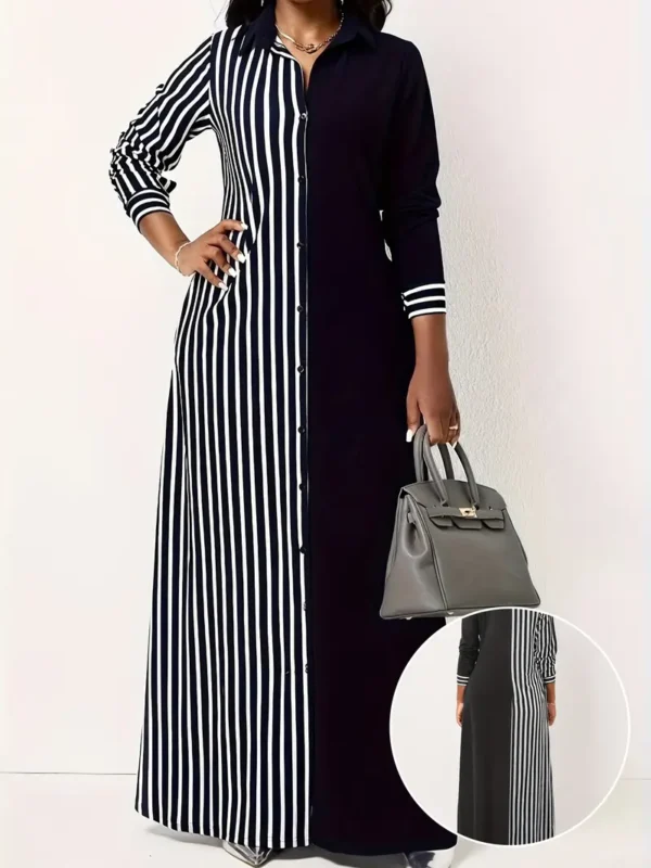 Robe À Rayures À Boutonnage Simple, Robe Maxi Décontractée À Manches Longues Et Blocs De Couleur Pour Le Printemps Et L'automne, Vêtements Pour Femmes