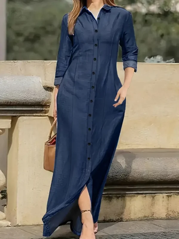 Robe chemise en jean maxi de style élégant à manches longues boutonnée en bleu foncé uni de grande taille, vêtements en jean et pour femmes