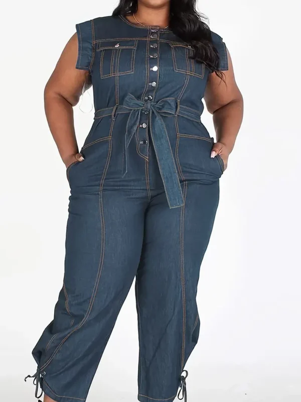 Salopette En Jean Décontractée Pour Femmes, Taille Plus, Coutures Contrastées, Ceinture À Nœud Papillon, Fermeture Boutonnée Unique, Sans Manches, Bretelles À Nouer, Combinaison En Jean