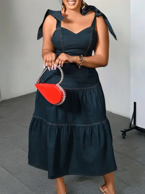Robe en jean élégante grande taille, robe en jean mi-longue à volants superposés sur les épaules avec nœud papillon, robe en jean à épaules nouées