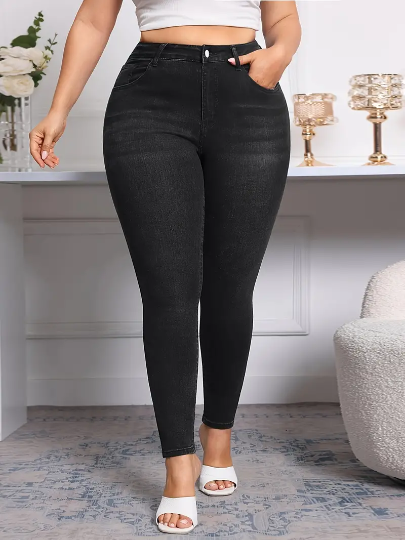 Pantalon skinny extensible en denim noir uni, coupe ajustée, grande taille, pour femme, jeans et vêtements en denim pour l'automne 2 Pantalon skinny extensible en denim noir uni, coupe ajustée, grande taille, pour femme, jeans et vêtements en denim pour l'automne