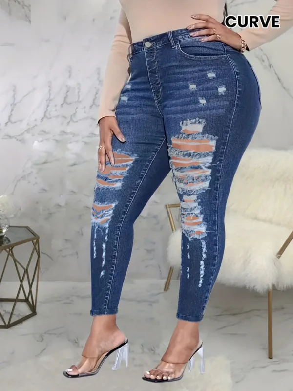 Pantalon skinny déchiré taille haute en denim délavé bleu, taille plus, très extensible, pour femmes.