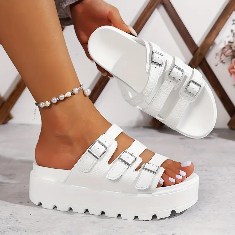 Sandales décontractées à couleur unie pour femmes, sandales à plateforme à enfiler avec semelles souples et boucles, sandales de plage pour les vacances d'été 2 Sandales décontractées à couleur unie pour femmes, sandales à plateforme à enfiler avec semelles souples et boucles, sandales de plage pour les vacances d'été