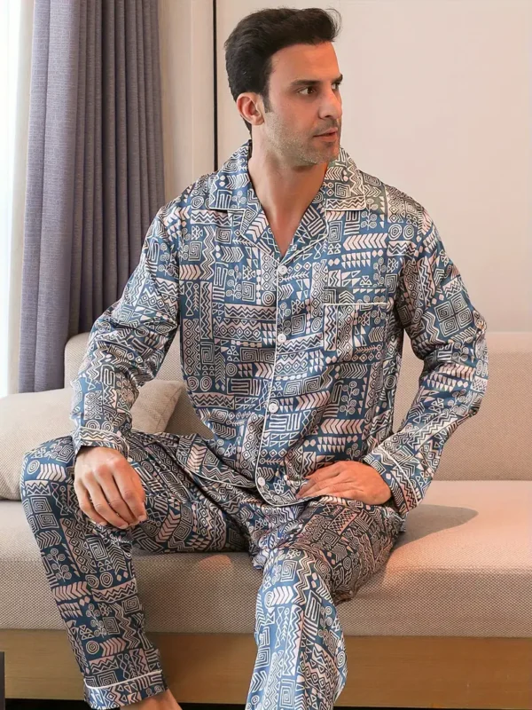 2 Pcs Ensemble de pyjama pour homme avec imprimé géométrique tendance, revers, manches longues et pantalon, style confortable et doux pour la peau, vêtements de détente confortables pour homme