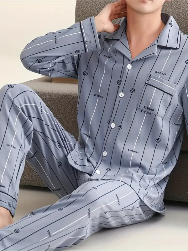 Ensemble Pyjama de Luxe à Rayures pour Hommes, Manches Longues Confortables & Pantalon, Vêtements de Détente Décontractés avec Poches, Mélange de Polyester, Lavable en Machine – Image 2